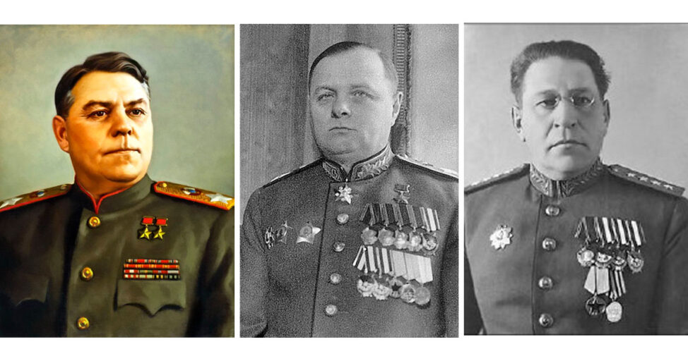 Маршалы Советского Союза Василевский, Мерецков, генерал армии Пуркаев
